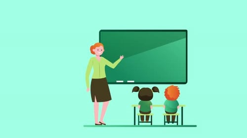 Animated Flat Design Teacher and Students in Classroom