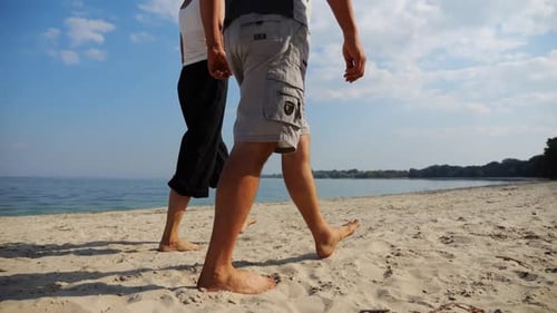 Couple Holding Hands of Each Other and Walking at Coast Happy Pair Going Along Seashore at Sunny Day