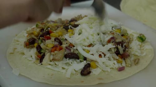 Chef Put Cheese To Make Quesadilla. Traditional Street Food. Tortilla Wrap, Burrito.