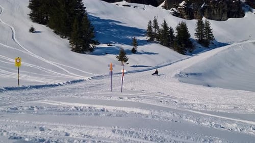 A woman slides down a covered sledding track and comes to a stop. She gets up and pulls her sled