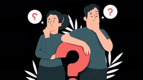 thoughtful couple making a decision, question mark animation 4k with alpha channel