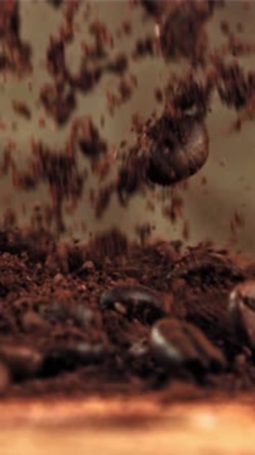 Ground Coffee Falls on a Wooden Board Filmed on a Highspeed Camera at 1000 Fps