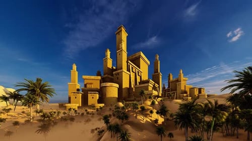 Une ville de sable historique entourée d'une oasis de verdure dans le désert.