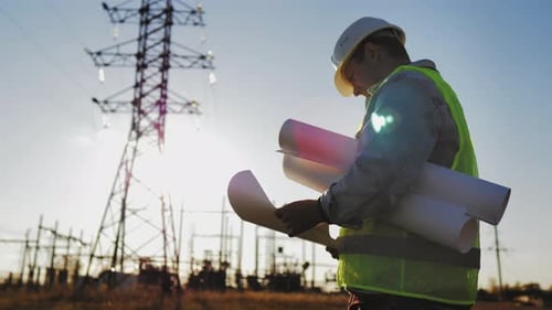 Foreman steht auf der Baustelle und hält Zeichnungen auf Papier in Händen