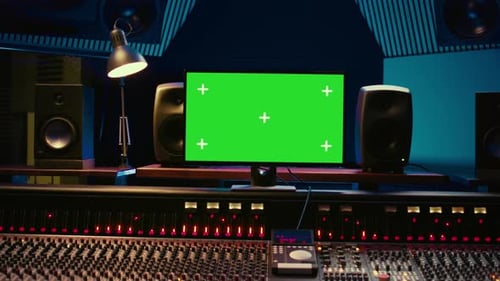 Leerer Regieraum für professionelle Aufnahmestudios mit Greenscreen auf dem Display