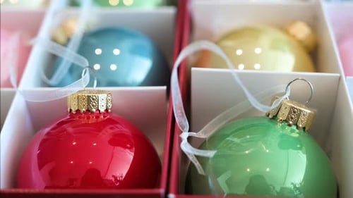Close-up view of colorful Christmas tree balls arranged in a box.
