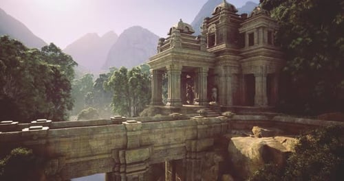 Ruines d'anciens temples entourées de verdure luxuriante et de montagnes au coucher du soleil
