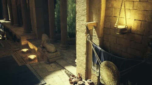 Espacio iluminado por el sol con detalles en bronce e intrincados trabajos en piedra
