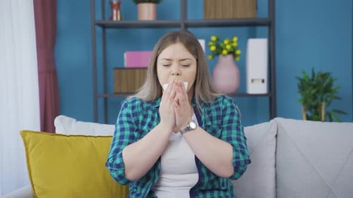 Young woman covering her mouth and nose while coughing.