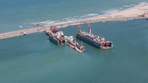 Aerial View of Commercial cargo Ships Docked at Port of Mar del Plata, Argentina.