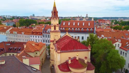 Church in old town of Vilnius, Lithuania, drone shot Europe Baroque style