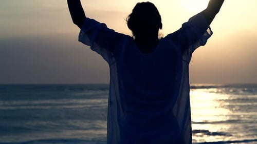 Happy Woman Raising Arms on Beach During Sunset Super 120