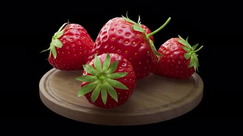 Loop-Animation rund um eine Erdbeerkomposition, die auf einem Holzbrett liegt.