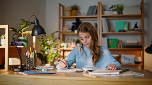 Focused Girl Doing Homework at Desk Indoors