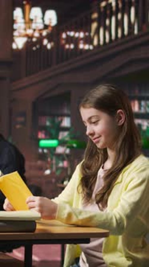 Vertical Video Young Teen Girl Engrossed in Reading Books at the School Library