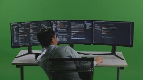 Back View Of Bored Asian Man Developer Write Code With Multiple Computer Screens In Green Screen