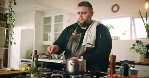 Cooking, home and man in kitchen, food and diet with healthy ingredients