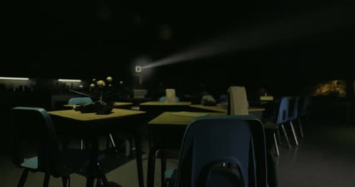 Dark Classroom with Desks and Projector Illuminating Empty Space at Night