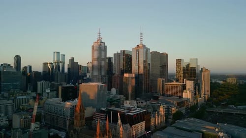 Melbourne, Australia - 01 March 2025: Aerial view of melbourne skyline at sunset, Australia.