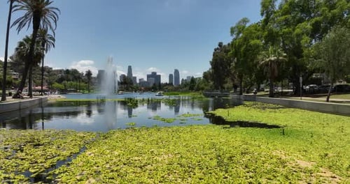 Los Angeles Echo Park Fly LA By Drone Skyscrapers Cityscape at Sunny Day Los Angeles CA USA June 1