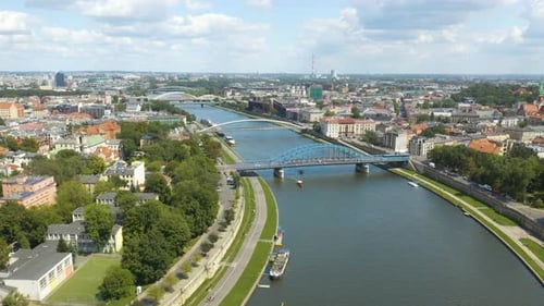 Beautiful Establishing Shot Above Vistula River in Krakow on Typical Day