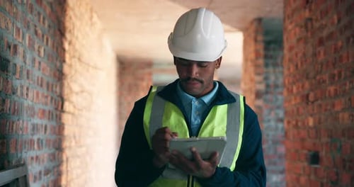 Black man, tablet and writing on construction site for inspection, task brief or safety update
