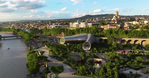 Music Theatre and Exhibition Hall At Rhike Park In The City Of Tbilisi, Georgia. Aerial Drone Shot