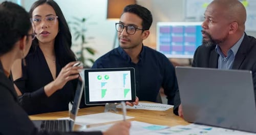 People, meeting and tablet screen for data analytics, financial presentation and meeting advice