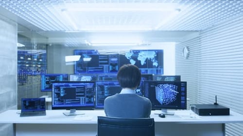 Back View of the IT Engineer Working with Multiple Monitors Showing Graphics, Functional Neural Net