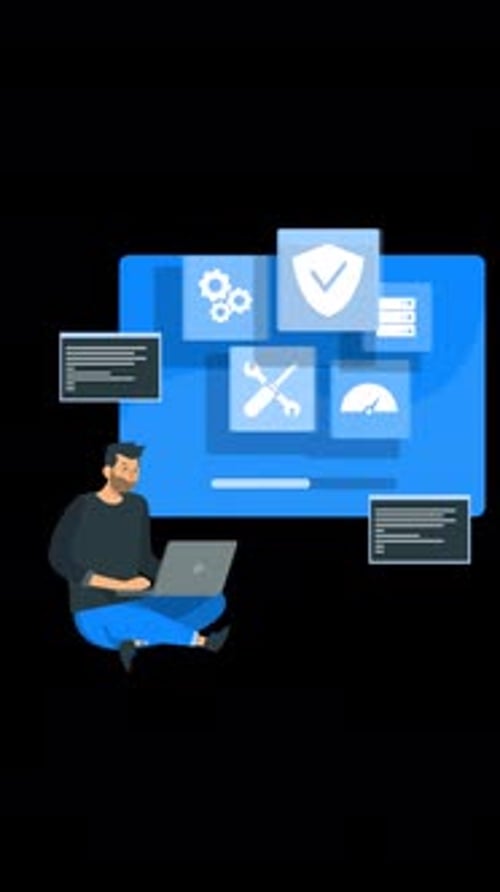 Programmer man writes program to protect laptop from viruses Vertical Alpha Channel