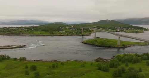 Saltstraumen bridge crossing powerful and famous tidal current in Bodø. Aerial
