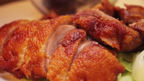 Traditional Crispy Peking Duck with Steamed Pancakes Onion Lettuce and Hoisin Sauce Tasty Asian Dish