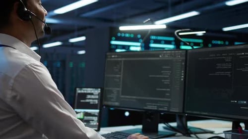 Data Center Agent Coordinates Logistics Support with Microphone in Server Hub During Data Protection