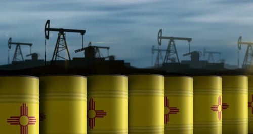 New Mexico USA oil crude petroleum fuel barrels in row endless