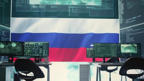 Cybersecurity Office with Code and Russian Flag