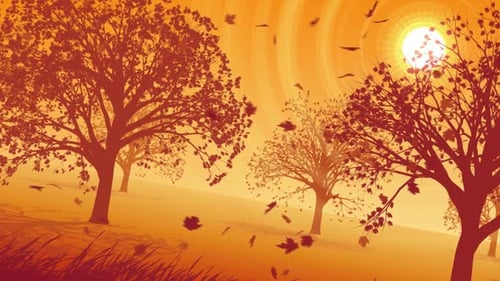 Animated Autumn Sunset with Falling Leaves and Trees