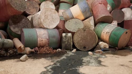 Abandoned Storage Area Filled with Rusty Oil Drums and Debris Near a Shoreline