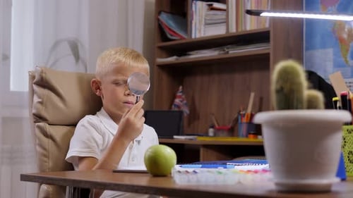 Child Studies with a Magnifying Glass at Desk