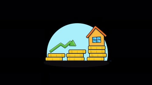 House with Coin Stack and Arrow. Real Estate Price Rising Concept Animation Video - Transparent