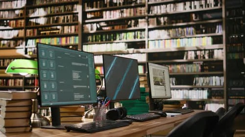 Varios monitores de computadora muestran el asistente virtual y la pantalla azul