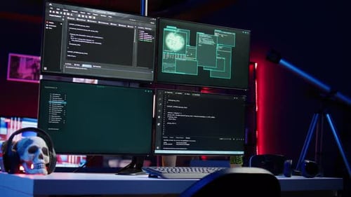 Hacking Malware Programming Script on Monitors in Underground Base