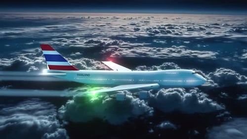 Commercial Airliner Passanger Plane Jumbo Jet Flying At Night Over Clouds With Country Flag Thailand