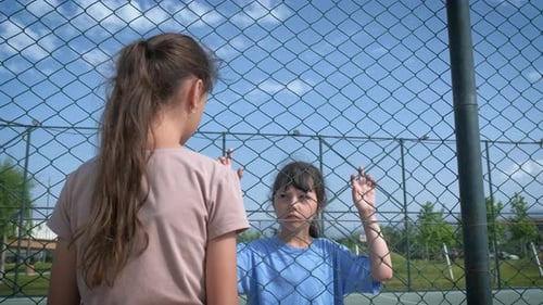 Two Children Talking near a Wire Fence