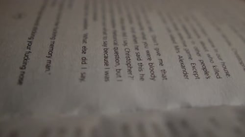 Close up of an open book page with out of focus words