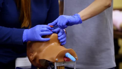 Medical Professionals Practicing Intubation Procedures on Mannequin