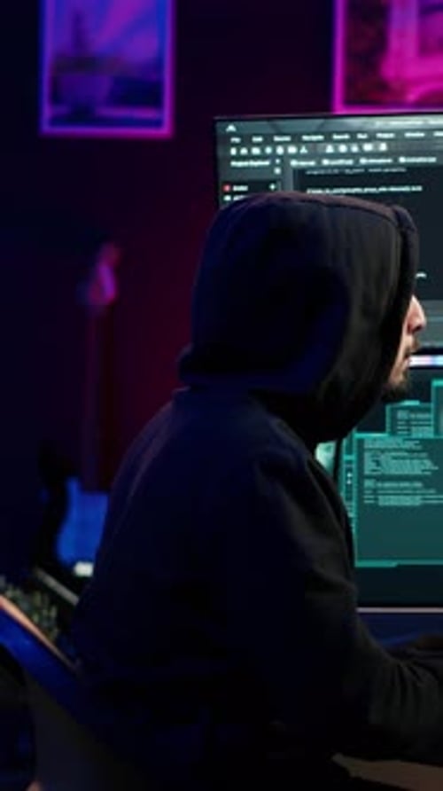 Vertikaler Video-Hacker ist glücklich, nachdem er erfolgreich Computersabotage mit Ransomware durchgeführt hat