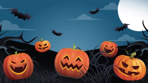 Animated Halloween Night with Spooky Pumpkins and Flying Bats Loop