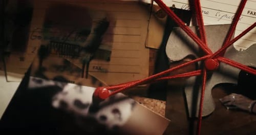 panneau d'investigation en liège, avec une toile de ficelles rouges, reliant divers objets.