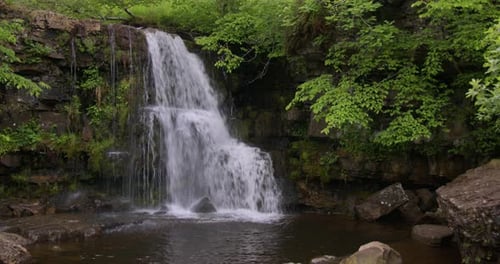 Scenic Waterfall Flowing Through Lush Green Forest