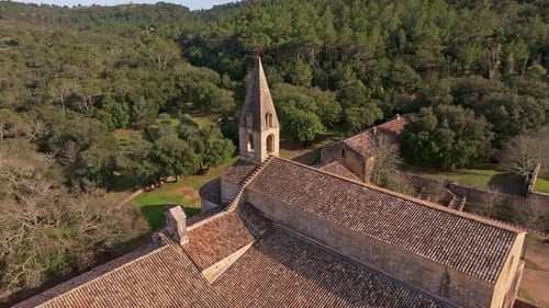 Aerial view of ancient stone abbey nestled in forest, Thoronet, France